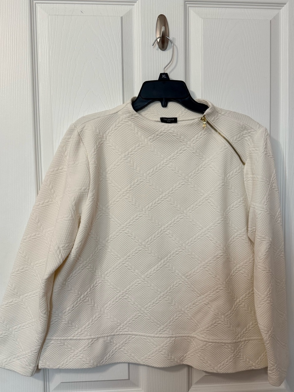 Talbots Cream Quilted Crewneck Sweater with Gold Zip Accent